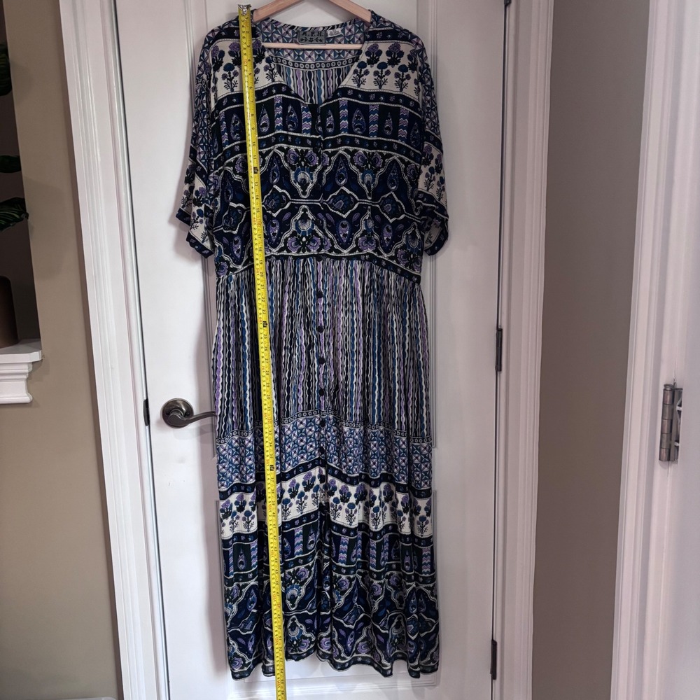 MPH Women 2X Blue Purple Boho Rayon Button Front Maxi Dress Mixed Print Tie Back - Picture 7 of 10